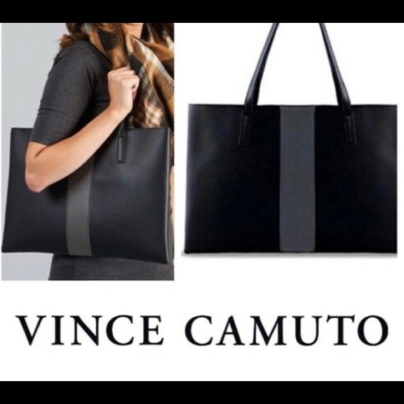 Brand new never used w dust bag Vince camuto leather tote black w gray stripe. - Picture 1 of 5